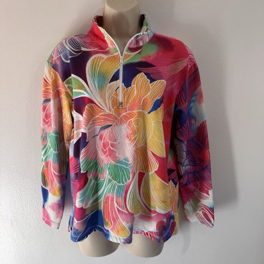 Talbots Sweatshirt Pullover MP Petite Floral Hawaiian 1/4 Zip Cotton Stretch